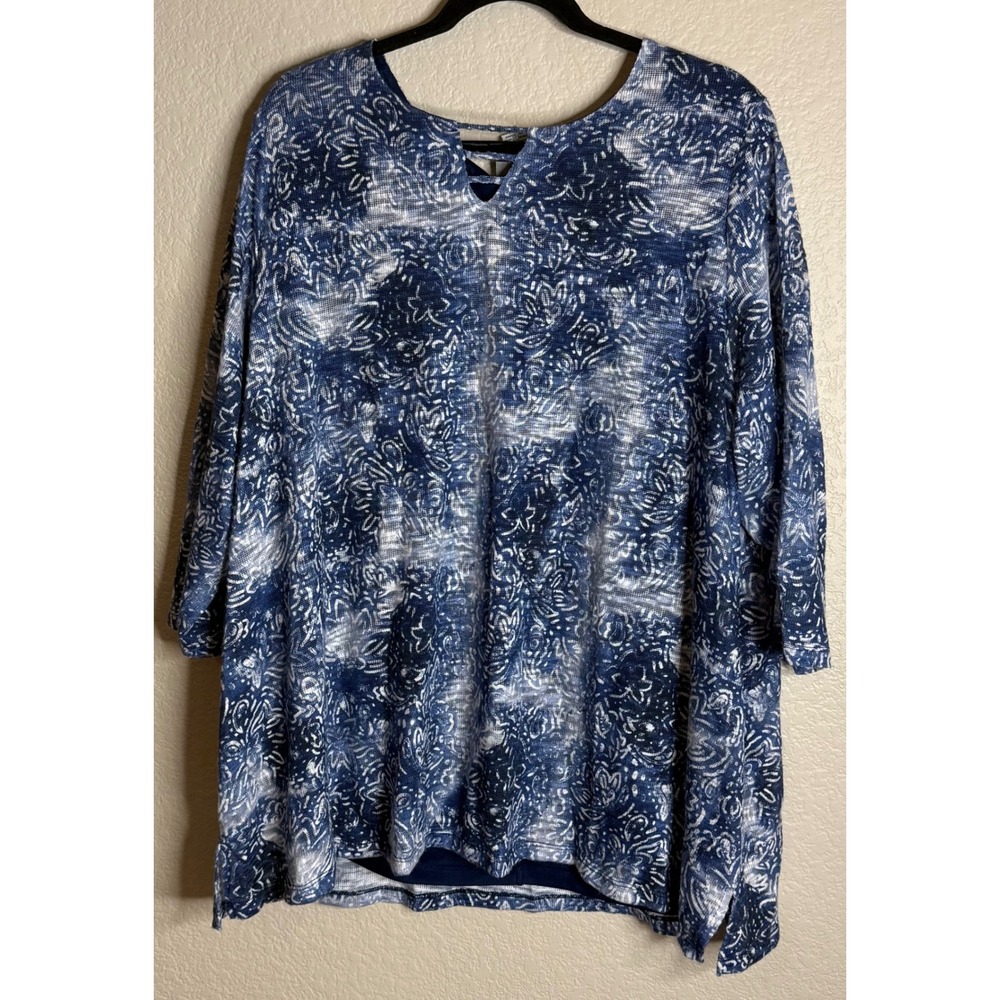 Catherines Womens 3X Blue White Geometric‎ Tunic Top 3/4 Sleeve Preppy Travel